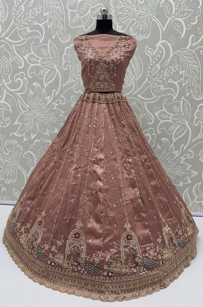 Pink Pure Chandnia Silk Handwork Motif Peacock Pattern Crystal Beads Multi Thread Dori &amp; Sequins Work Bridal Lehenga Choli