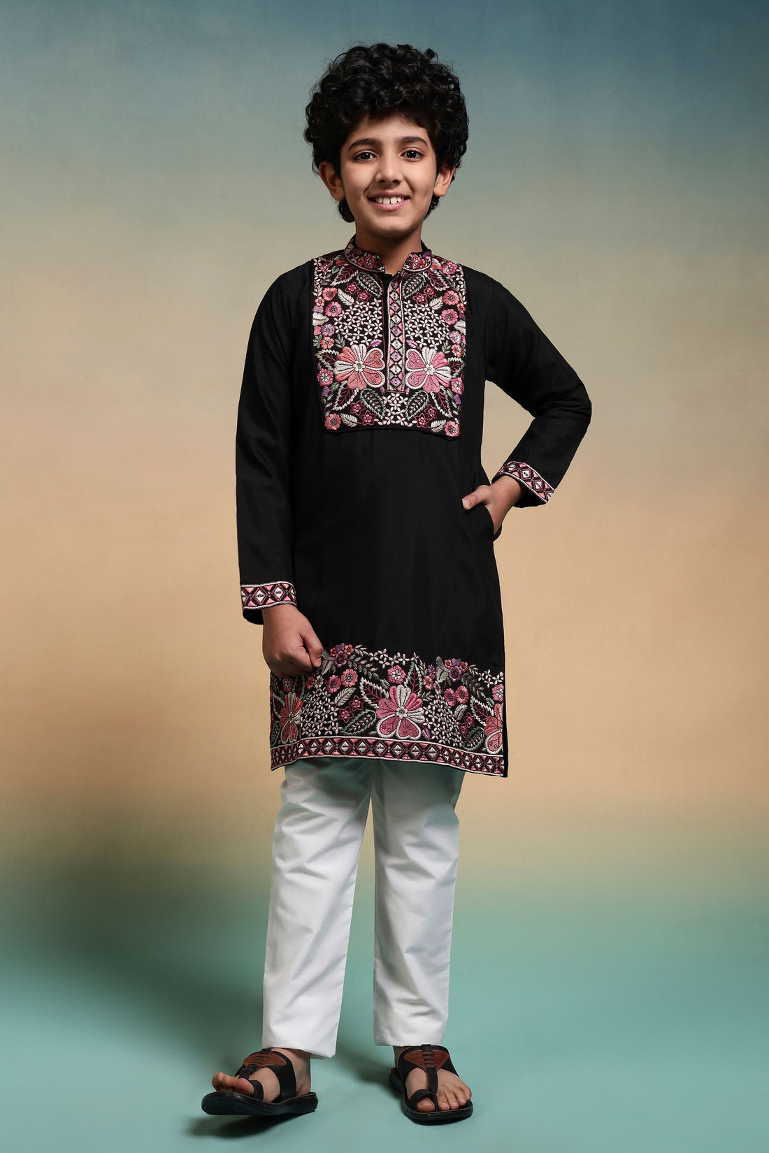 Black Pure Viscose Silk Kids Boy Kurta Pajama 