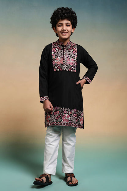 Black Pure Viscose Silk Kids Boy Kurta Pajama 