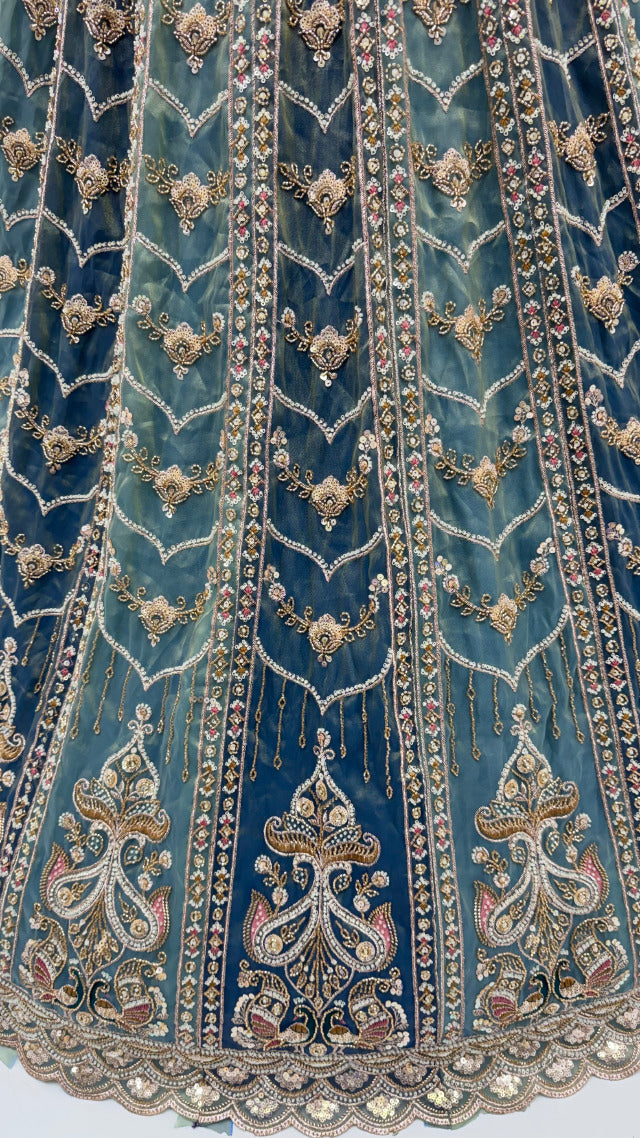 Teal Blue Pure Chandnia Silk Handwork Motif Peacock Pattern Crystal Beads Multi Thread Dori and Sequins Work Bridal Lehenga Choli