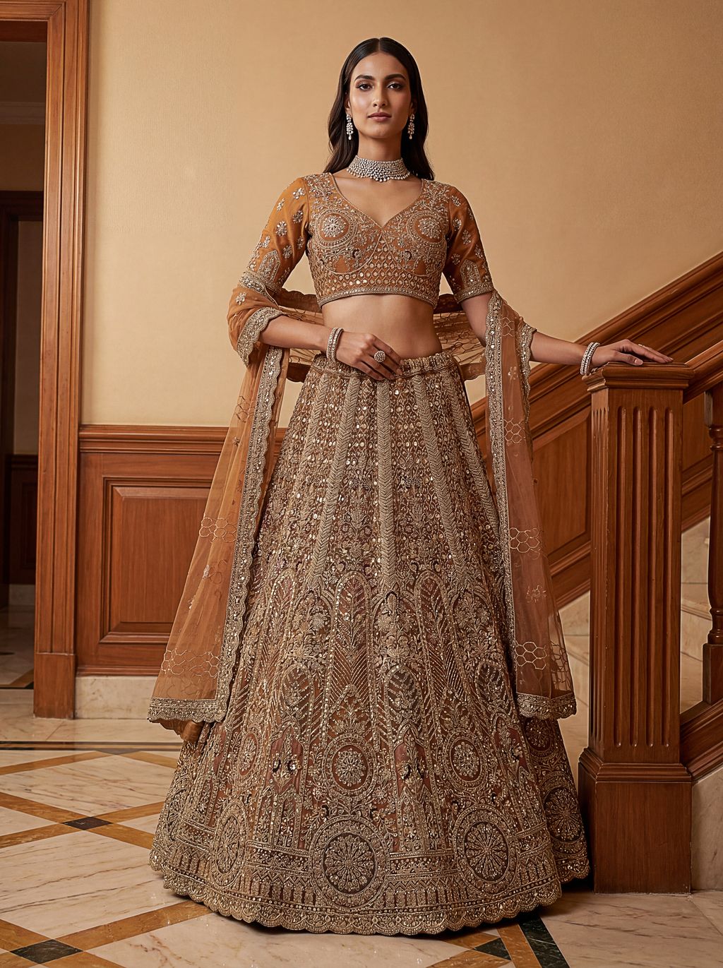 Orange Pure Soft Heavy Net Sequins Embroidery Work Bridal Lehenga 