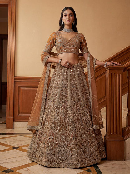 Orange Pure Soft Heavy Net Sequins Embroidery Work Bridal Lehenga 