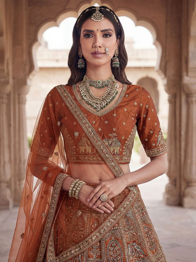 Orange Pure Soft Gadwal Silk Heavy Embroidery Work Bridal Lehenga 