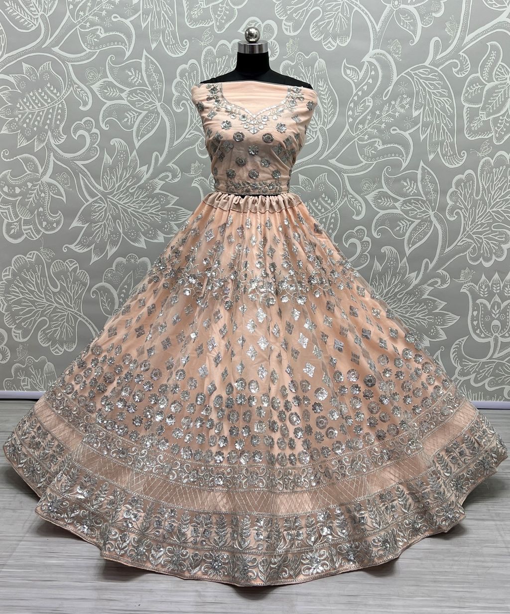 Peach Pure Soft Net Heavy Embroidery Work Bridal Lehenga 