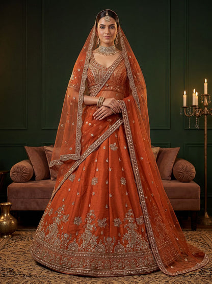 Orange Pure Soft Gadwal Silk Heavy Embroidery Work Bridal Lehenga Choli 