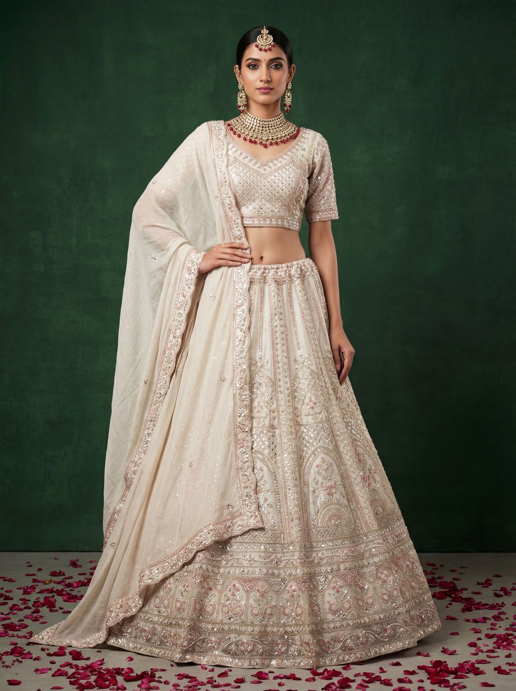 White Pure Soft Satin Silk Heavy Embroidery Work Bridal Lehenga