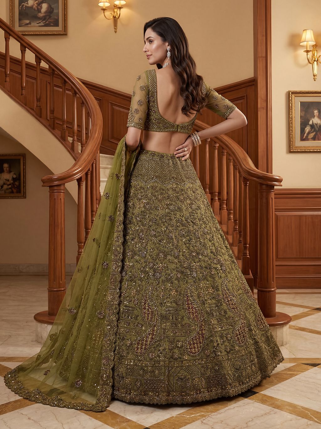 Pista Pure Soft Heavy Net Sequins Embroidery Work Bridal Lehenga 