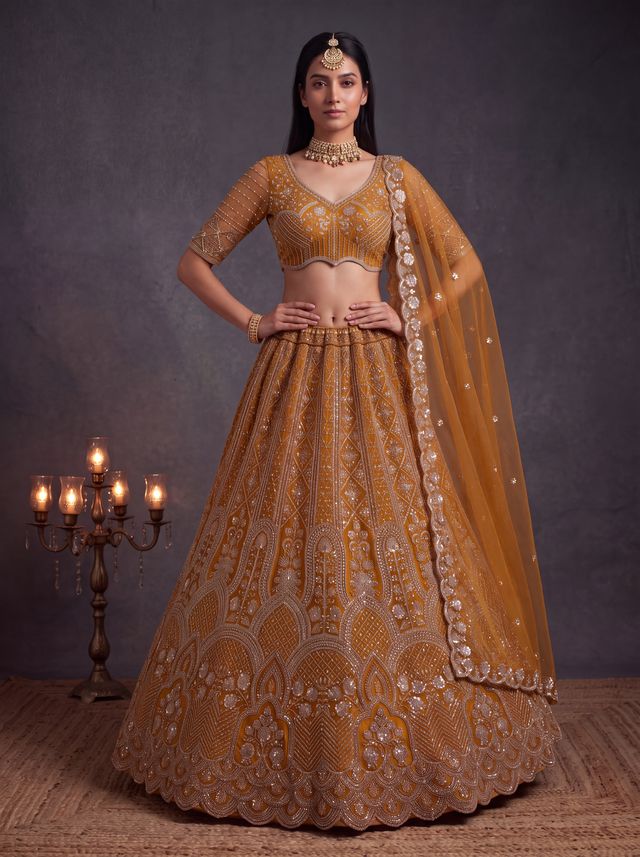 Rust Pure Heavy Net Motif Handwork Zari Sequins Work Bridal Lehenga Choli