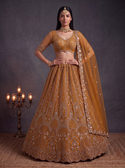 Rust Pure Heavy Net Motif Handwork Zari Sequins Work Bridal Lehenga Choli