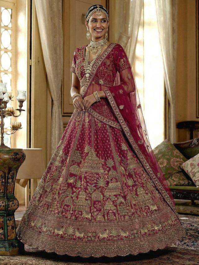 Pink Pure Soft Net Heavy Embroidery Work Bridal Lehenga