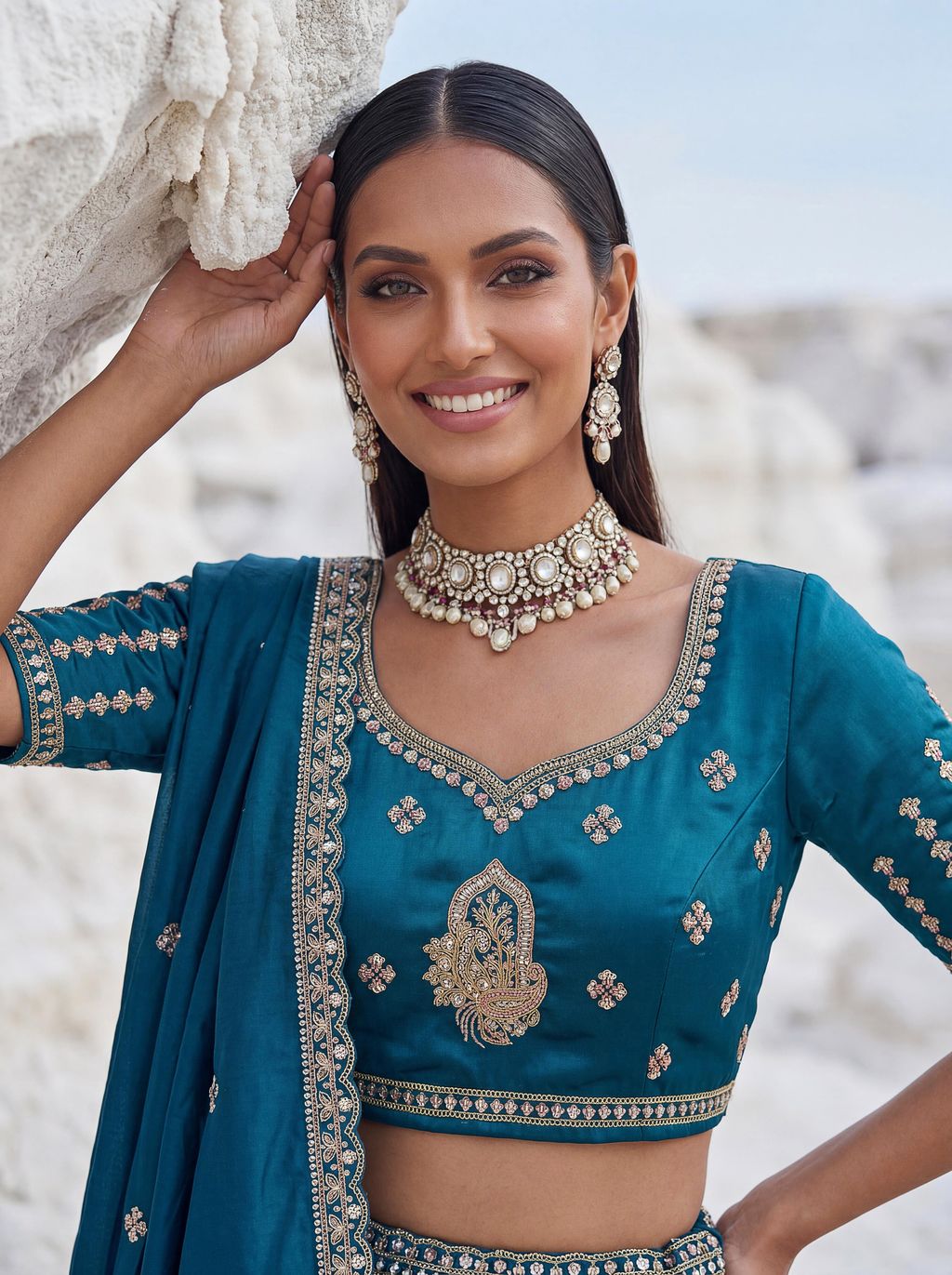 More Peach Pure Soft Silk Heavy Sequins Embellishment Work Bridal Lehenga Choli 