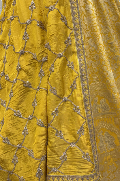 Royal Yellow Pure Banarasi Silk Zari Figure Pattern Weaving Work Bridal Lehenga Choli