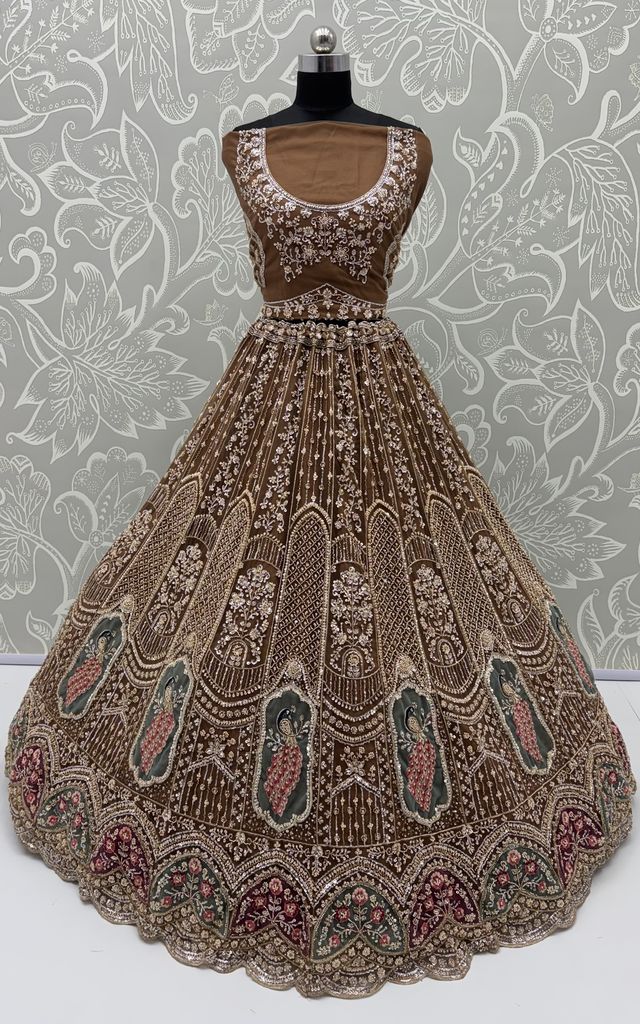 Brown Pure Heavy Net Motif Handwork Zari Sequins Work Bridal Lehenga Choli