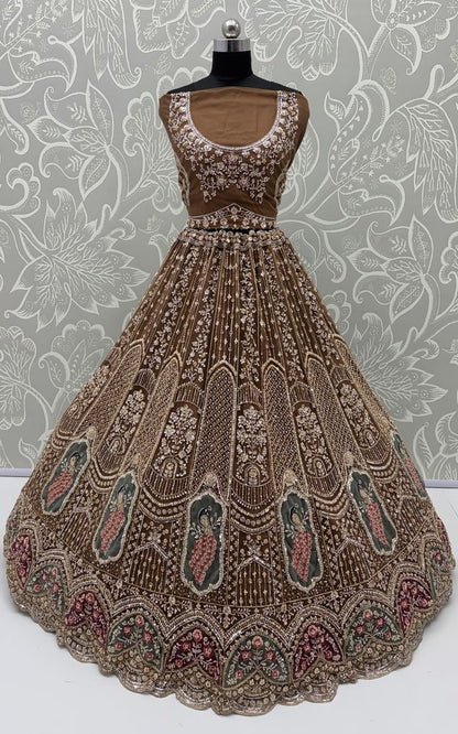 Brown Pure Heavy Net Motif Handwork Zari Sequins Work Bridal Lehenga Choli