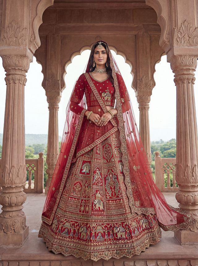 Red Pure Soft Gadwal Silk Heavy Embroidery Work Bridal Lehenga 