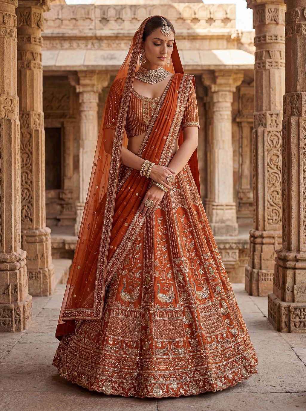 Orange Pure Soft Silk Heavy Embroidery Work Bridal Lehenga 