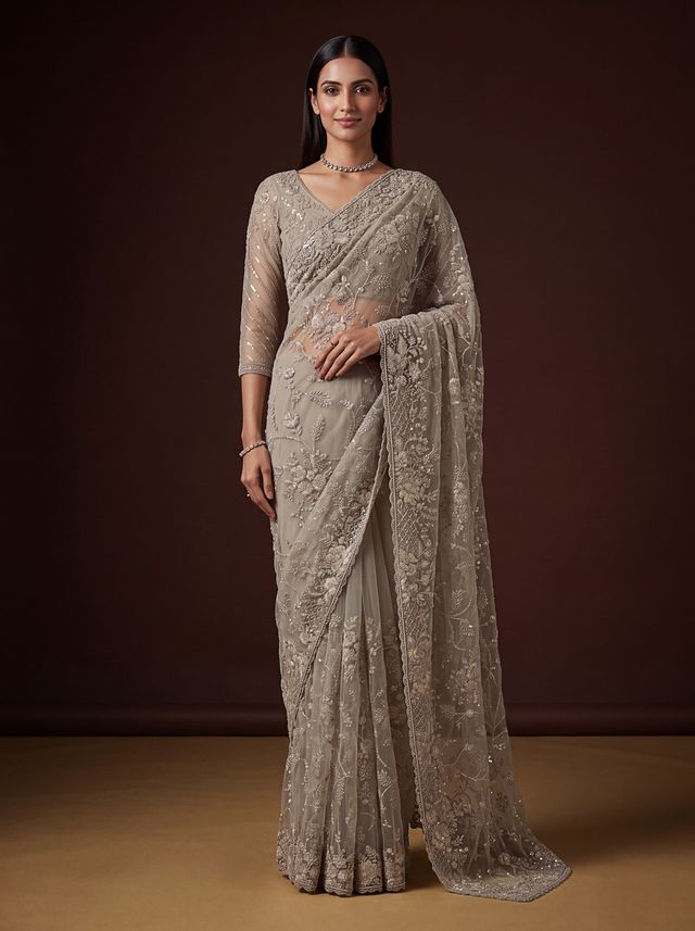 Beige Pure Premium Net Handwork Kasti &amp; Motif Zari Metallic Sequins Work Wedding Saree