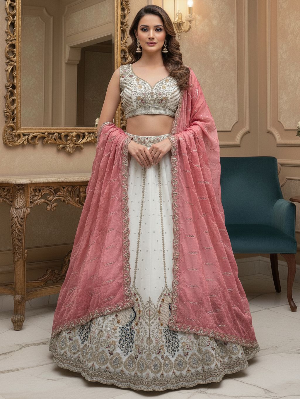 White Pure Soft Gadhwal Silk Heavy Embroidery Work Bridal Lehenga