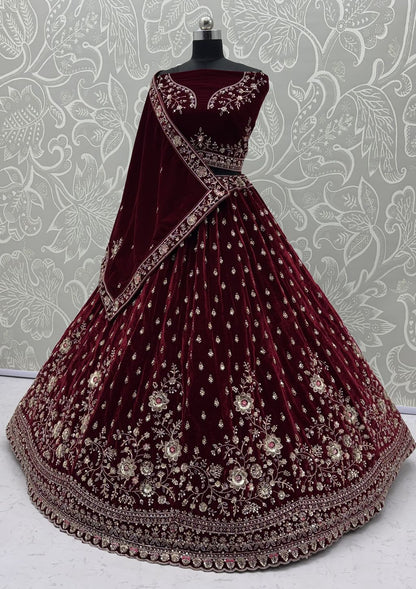 Red Pure Soft Velvet Heavy Embroidery Patch Work Bridal Lehenga