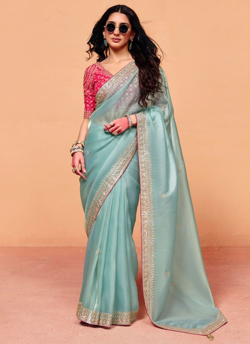 Aqua Blue Pure Organza Satin With Sequins Heavy Embroidery Work Organza Saree 