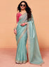 Aqua Blue Pure Organza Satin With Sequins Heavy Embroidery Work Organza Saree 