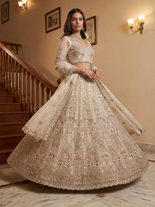 White Pure Soft Heavy Net Sequins Embroidery Work Bridal Lehenga 