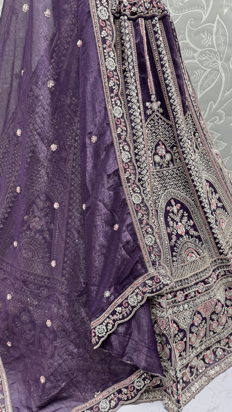 Purple Pure Soft Satin Silk Heavy Embroidery Work Bridal Lehenga