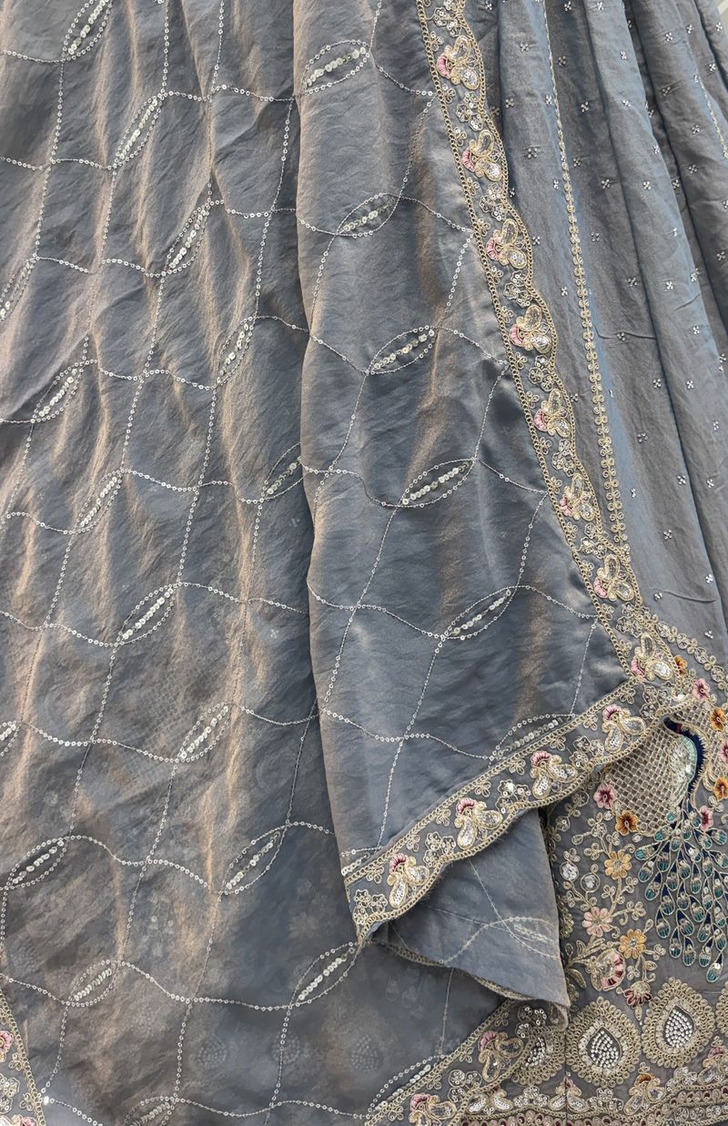 Stone Grey Pure Soft Gadhwal Silk Heavy Embroidery Work Bridal Lehenga