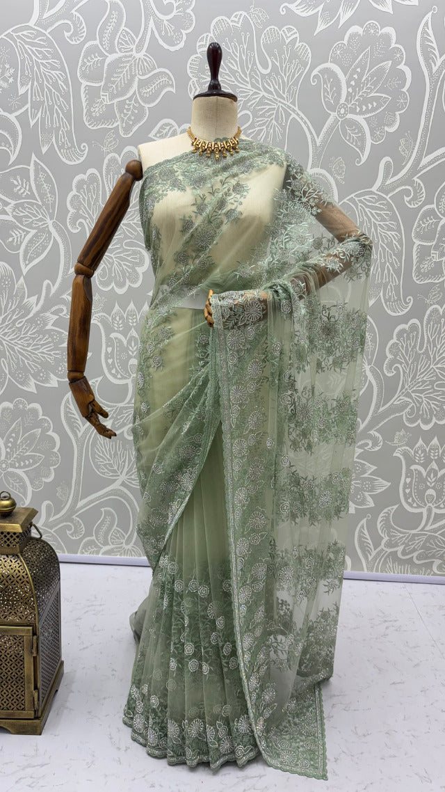 Olive Green Pure Premium Net Handwork Kasti &amp; Motif Zari Metallic Sequins Work Wedding Saree