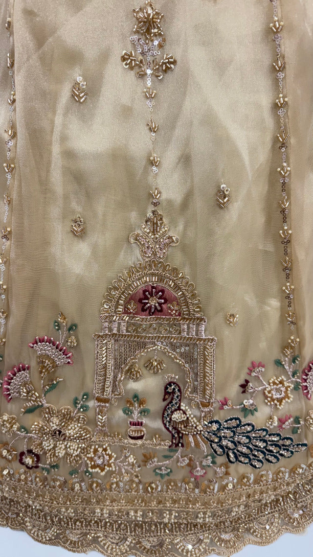 Off White Pure Chandnia Silk Handwork Motif Peacock Pattern Crystal Beads Multi Thread Dori &amp; Sequins Work Bridal Lehenga Choli