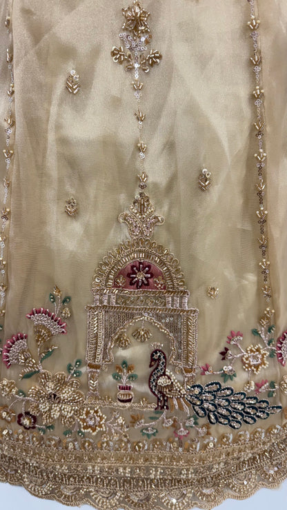 Off White Pure Chandnia Silk Handwork Motif Peacock Pattern Crystal Beads Multi Thread Dori &amp; Sequins Work Bridal Lehenga Choli