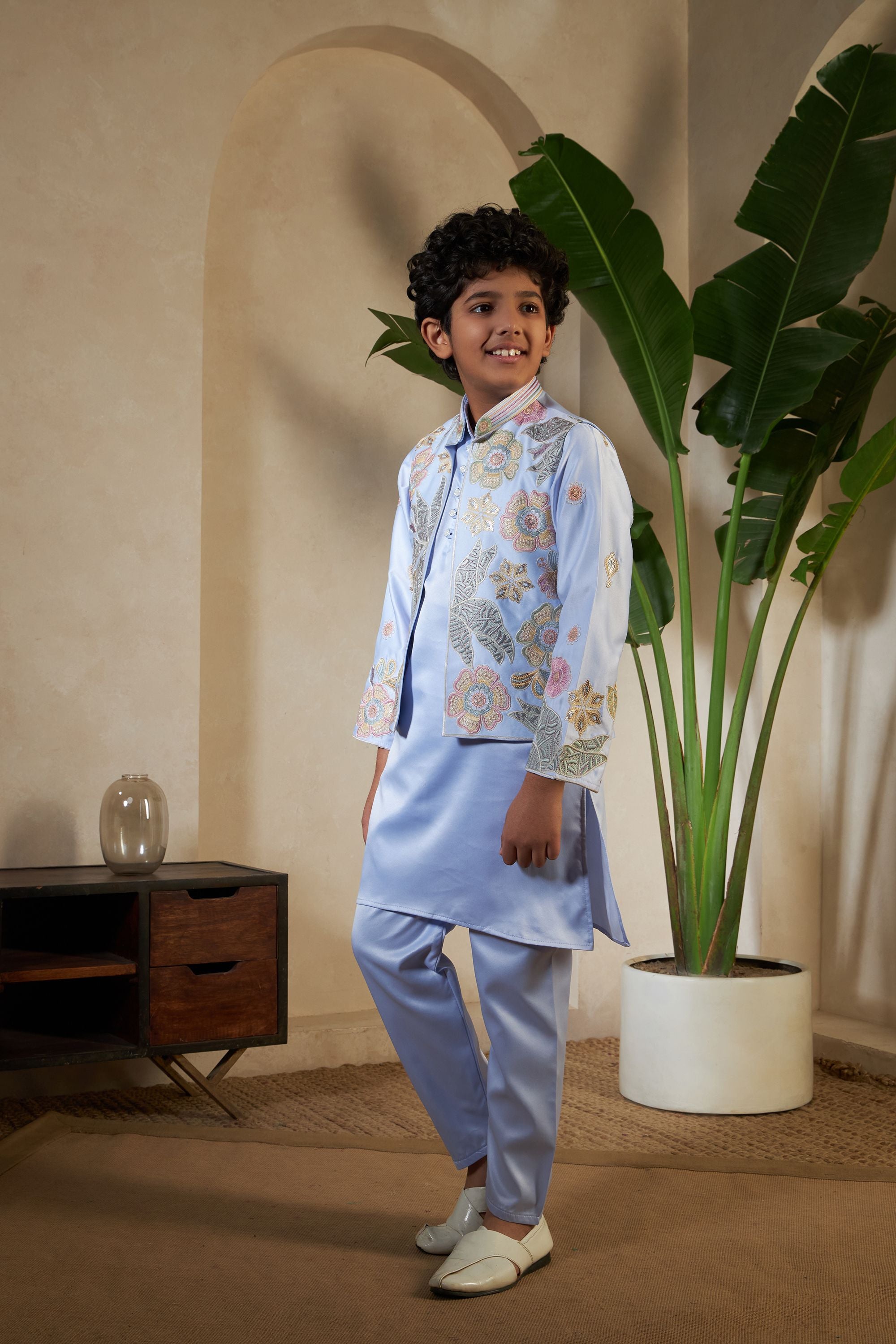 Sky Pure Satin Silk Kids Boy Kurta Pajama With Koti Jacket 