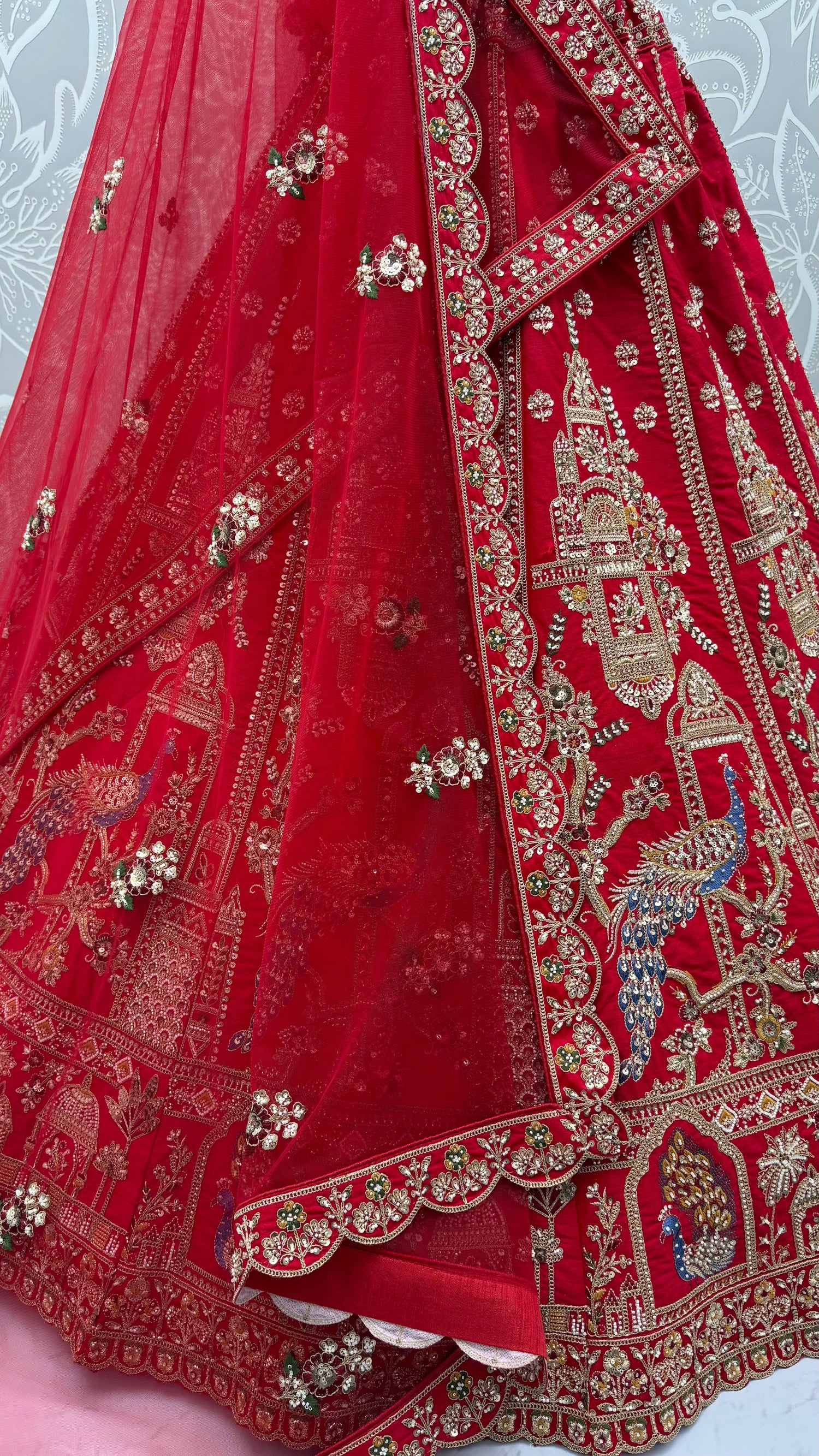 Red Pure Gadhwal Silk Khatali Handwork Sequins &amp; Crystal Bridal Lehenga Choli