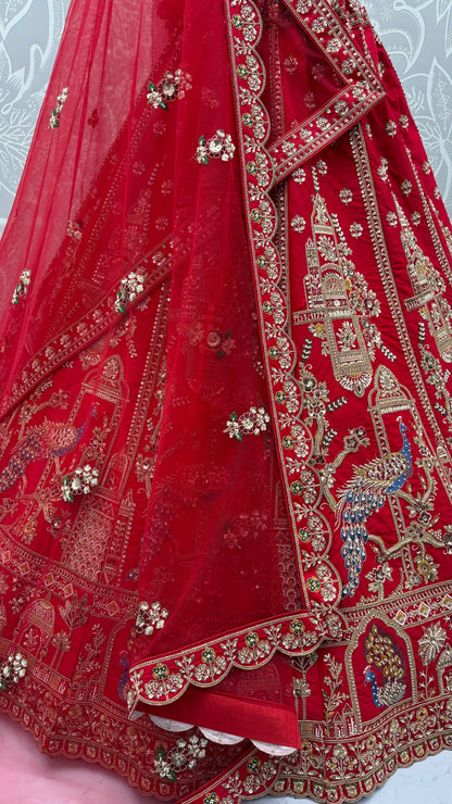 Red Pure Gadhwal Silk Khatali Handwork Sequins &amp; Crystal Bridal Lehenga Choli