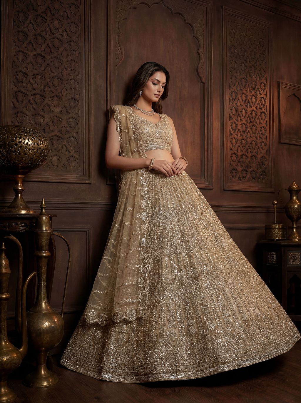 Golden Pure Soft Net Heavy Embroidery Work Bridal Lehenga ##color## Bridal Lehenga with premium fabric and embroidery