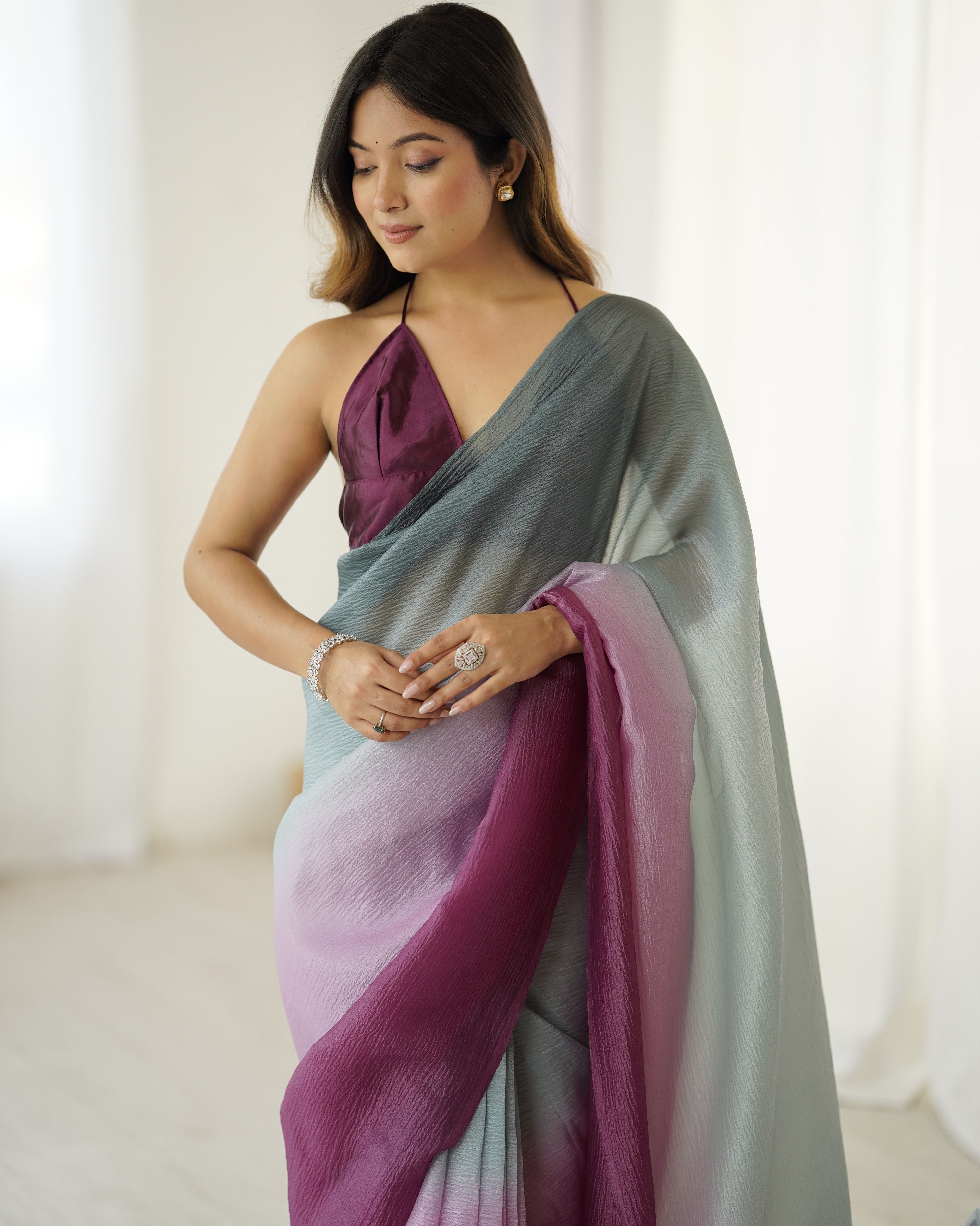 Grey shaded Pure Soft Candy Crush Silk Ready to Wear Saree ##color## Ready to Wear Saree with premium fabric and embroidery
