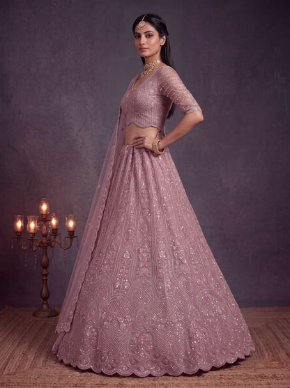 Pink Pure Heavy Net Motif Handwork Zari Sequins Work Bridal Lehenga Choli