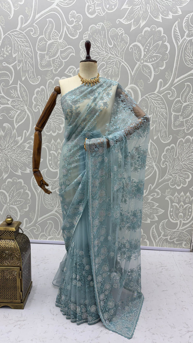 Sky Pure Premium Net Handwork Kasti &amp; Motif Zari Metallic Sequins Work Wedding Saree