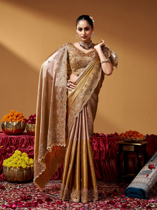 Golden Pure Kanjivaram Rich Zari Embroidery & Tube Beads Work Tissue Saree