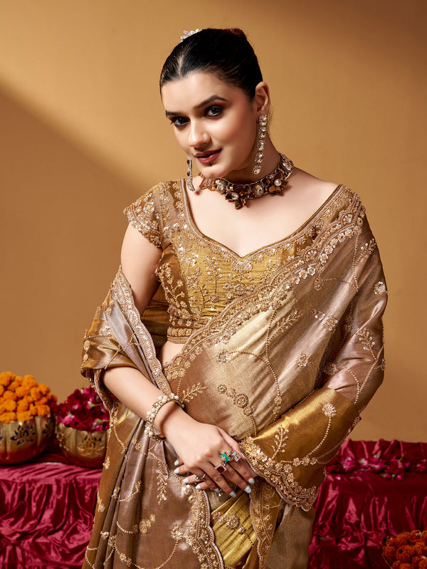 Gold Pure Kanjivaram Rich Zari Embroidery & Tube Beads Work Tissue Saree