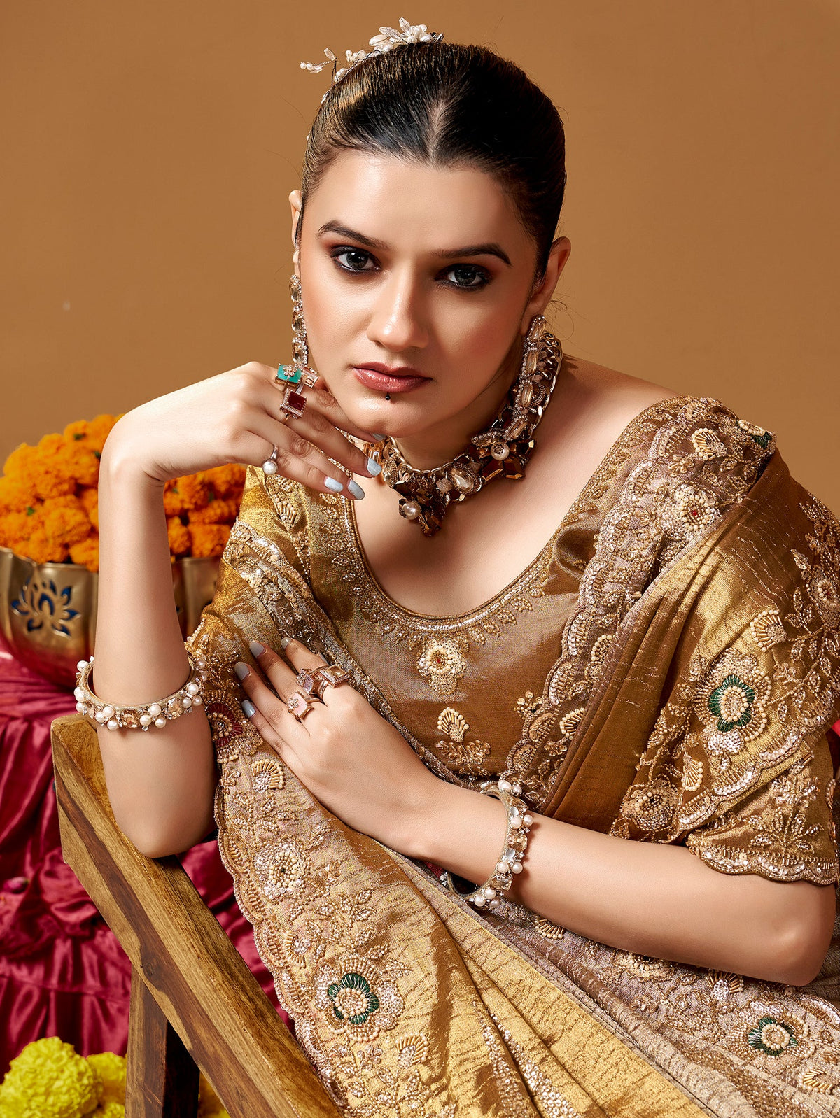 Golden Pure Kanjivaram Rich Zari Embroidery &amp; Tube Beads Work Tissue Saree