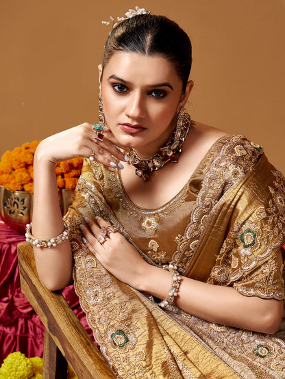 Golden Pure Kanjivaram Rich Zari Embroidery &amp; Tube Beads Work Tissue Saree