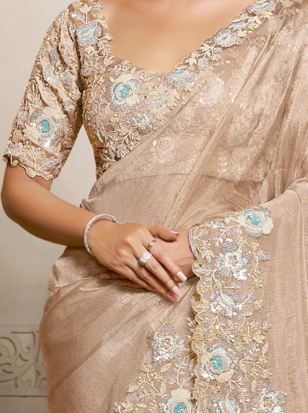 Beige Organza Crush Satin Silk Bridal Saree