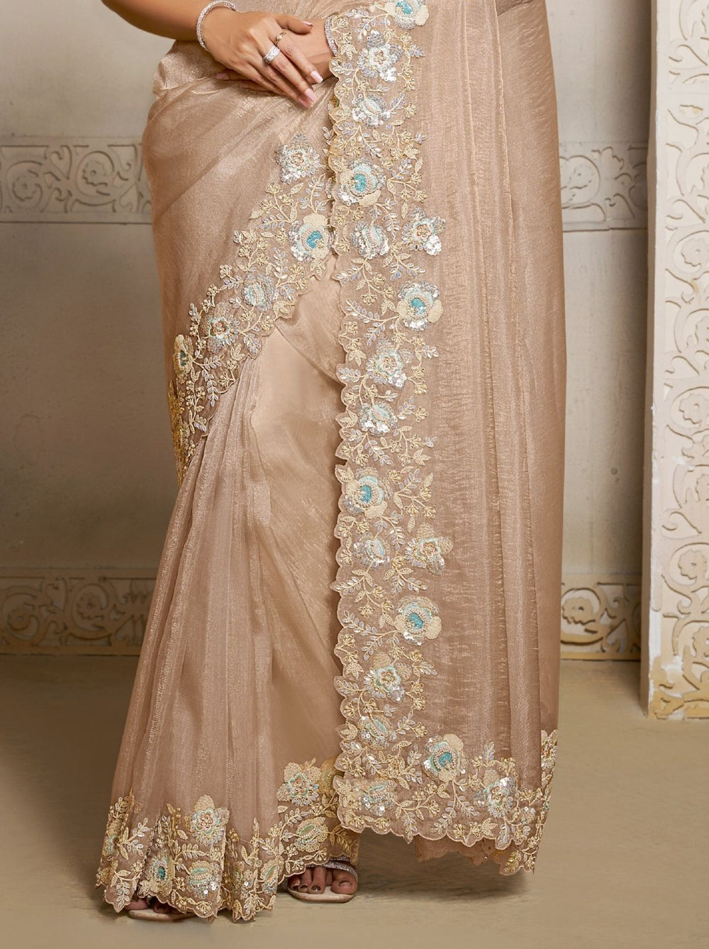 Beige Organza Crush Satin Silk Bridal Saree 
