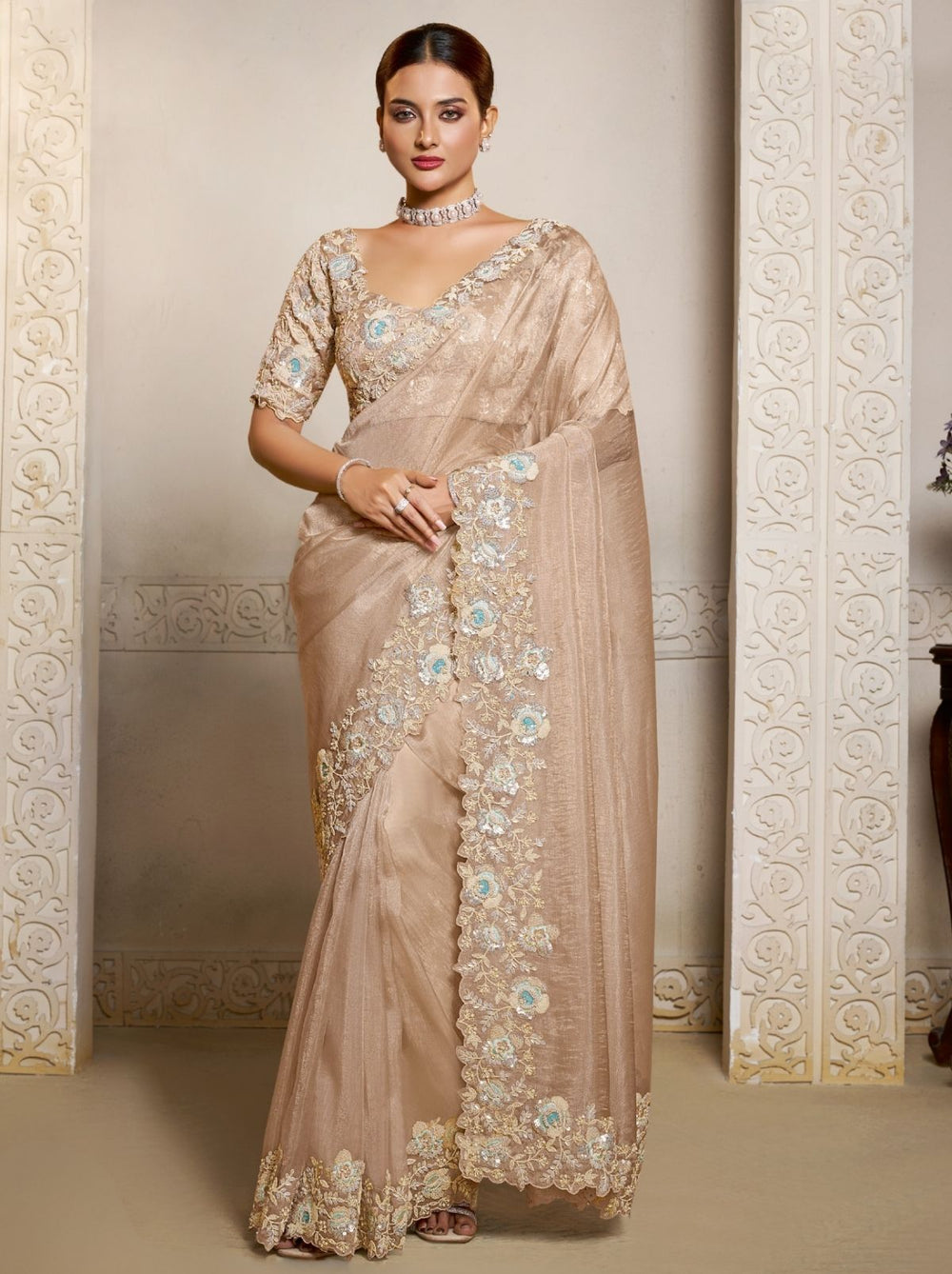 Beige Organza Crush Satin Silk Bridal Saree 
