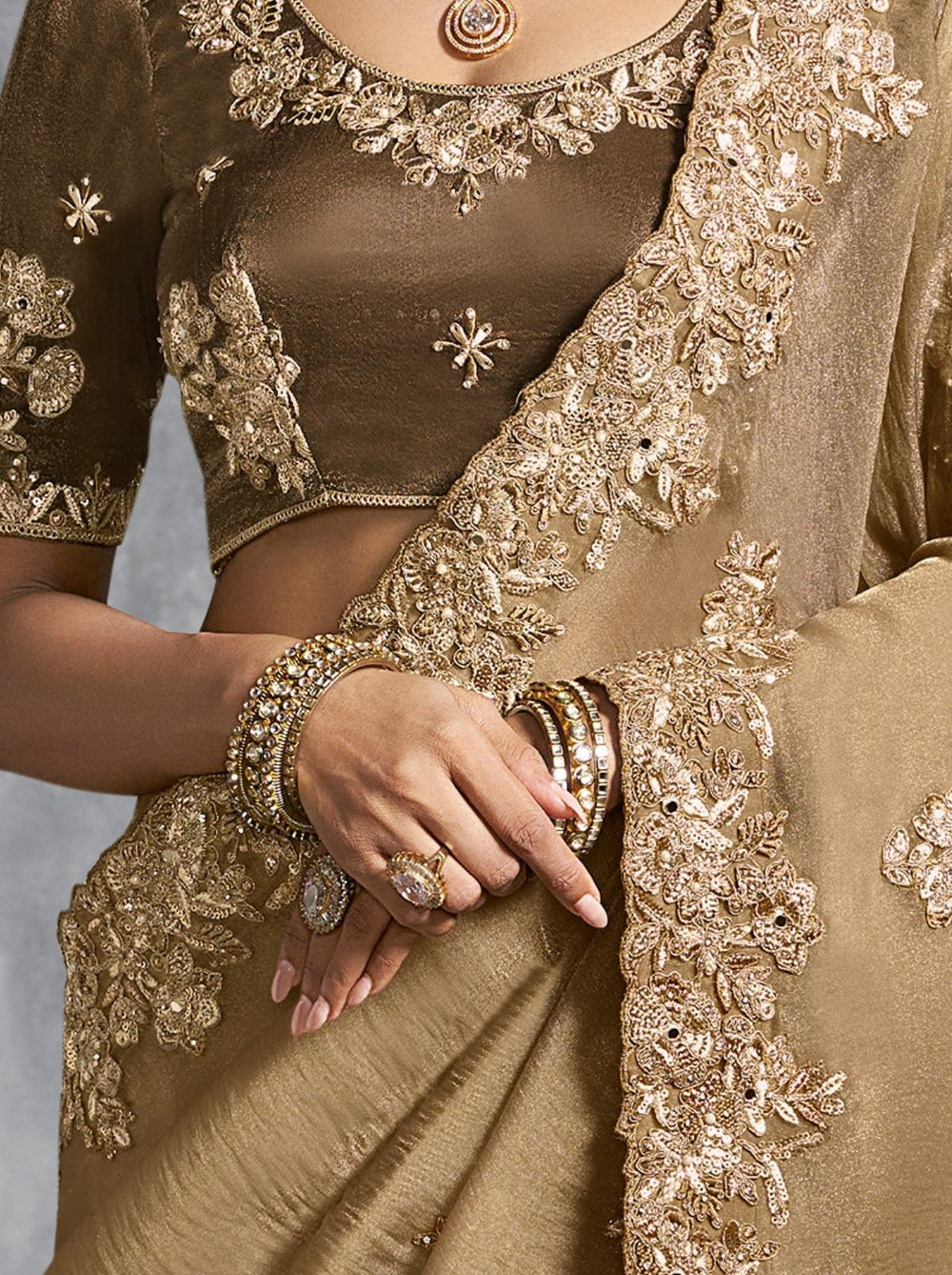 Beige Premium Zari Tissue Silk Bridal Saree 