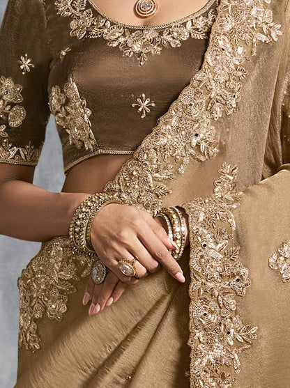 Beige Premium Zari Tissue Silk Bridal Saree 