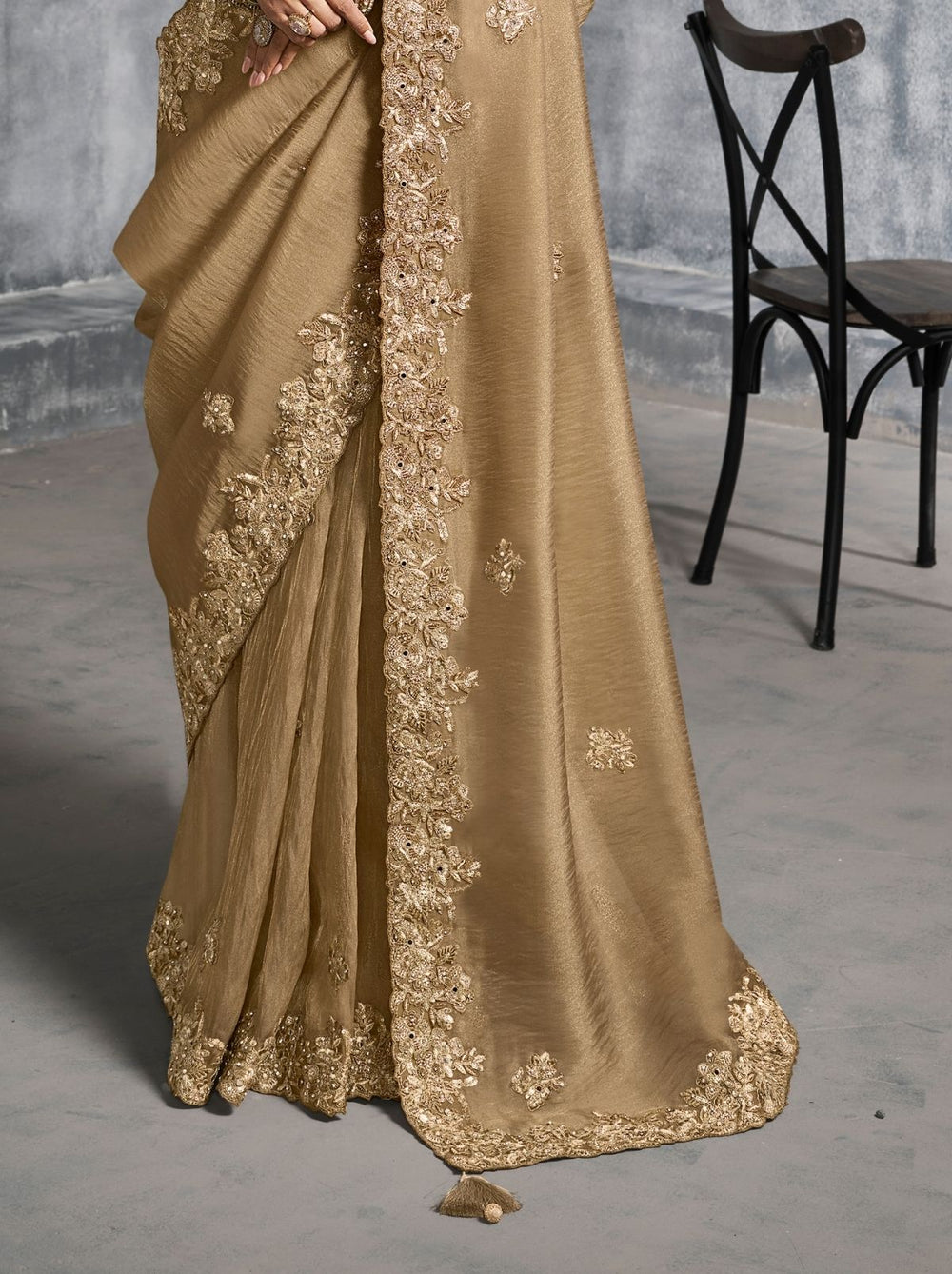 Beige Premium Zari Tissue Silk Bridal Saree 
