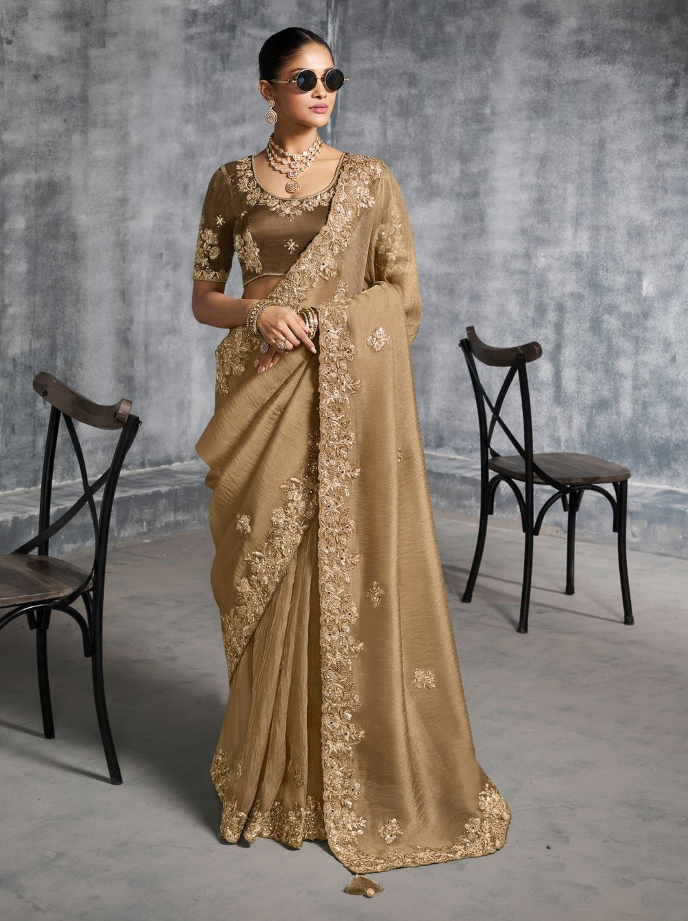 Beige Premium Zari Tissue Silk Bridal Saree 