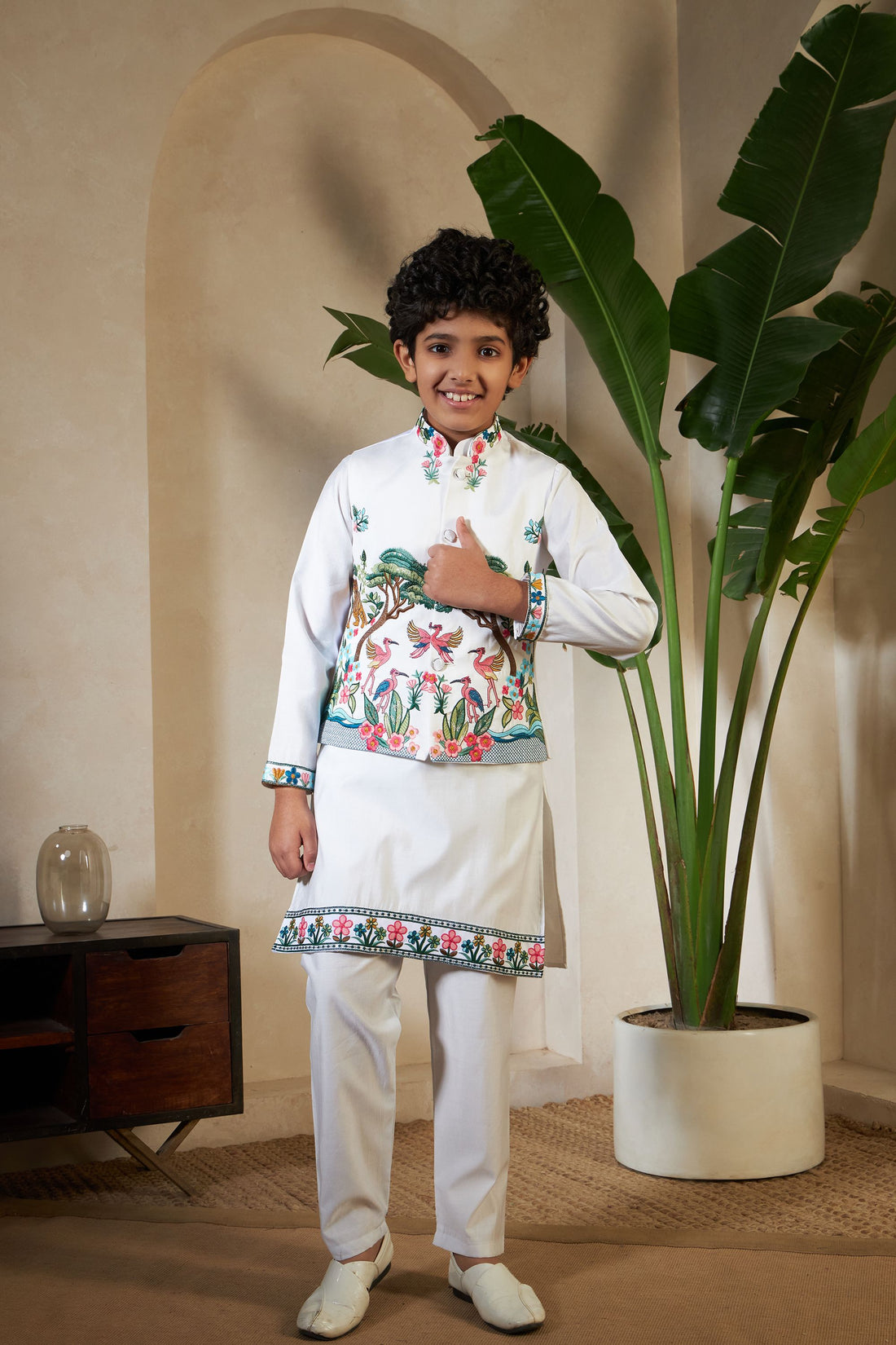 White Pure Viscose Silk Silk Kids Boy Kurta Pajama With Koti Jacket 